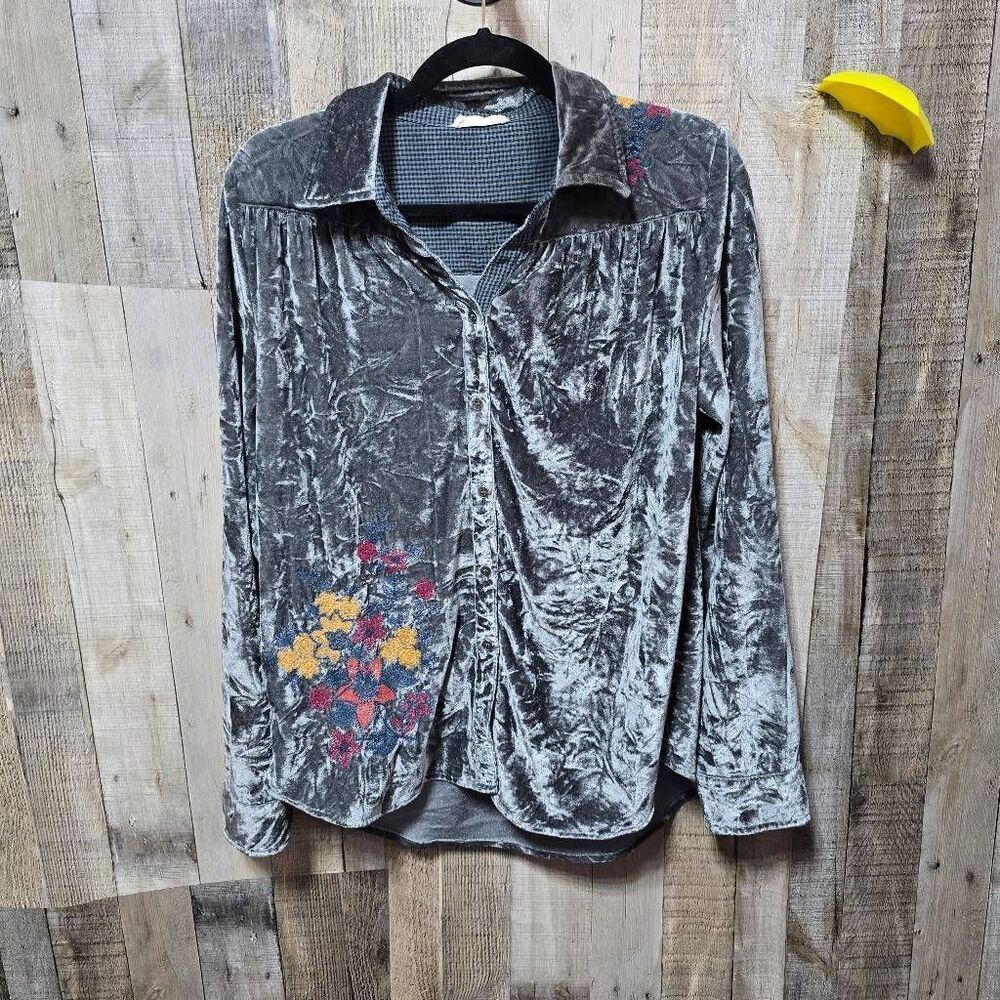Hummingbird Velour Velvet Grey Floral Embroidered Button Down Shirt